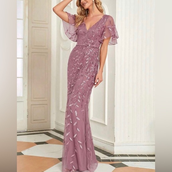 Luxe floral embroidered mesh sequins party formal prom wedding gown dress - Picture 3 of 8